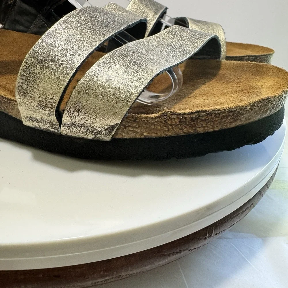 Naot Leather Strappy Boho Wedge Hook Loop‎ Cork Comfort Sandals 42 Gold Black